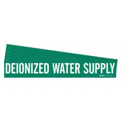 Green adhesive pipe marker with white legend reading 'Deionized Water Supply'. Fits pipe outer diameters from 2-1/2 to 7-7/8 inches. Supplied in a 5-pack without directional arrows. Used to identify deionized water supply lines in industrial piping systems.
