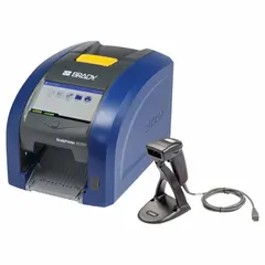Desktop printer for cable and wire labeling, supporting mobile device, PC, or standalone operation. Includes Brady Workstation Product and Wire ID Software Suite and a handheld scanner for efficient labeling workflows.