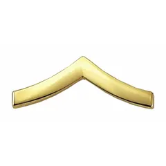 Gold metal chevron rank insignia measuring 3/4 in. Features a clutch pin attachment for secure fastening to uniform fabric. Used for displaying rank on military or public security uniforms.
