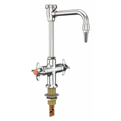 Single-post laboratory faucet for cold or hot water media. Chrome finish with two handles and one outlet. Inline flow pattern with green index marked 'HW' for hot water. IPS inlet connection type. Suitable for lab sink stations requiring separate hot and cold water control.