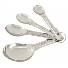 This set includes four stainless steel spoons with capacities of 0.25 tsp, 0.5 tsp, 1 tsp, and 1 tbsp, designed for liquid measurement. The gray finish and NSF certification make it suitable for commercial foodservice environments where precise portioning of liquid ingredients is required.