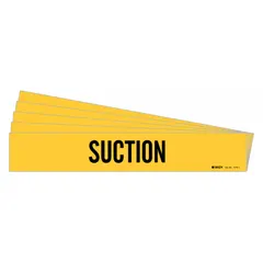 Yellow pipe marker with black legend reading 'Suction' for identifying suction lines in industrial piping systems. Fits pipe outer diameters from 2-1/2 to 7-7/8 inches. Adhesive-backed for application on clean pipe surfaces. Sold in a 5-pack without arrows.