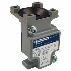 Miniature metallic body for limit switches, compatible with 9007C series. Features 2 mounting holes and 1 normally open / 1 normally closed contact configuration. No indicating light included. Used in industrial automation for position or presence detection of moving parts.