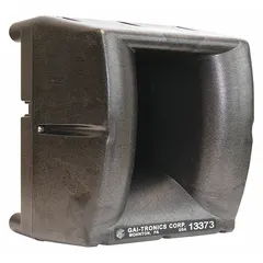 This 1-way horn speaker operates on 12V DC with a 600 ohm impedance. It has an overall width of 8 inches. Typical applications include outdoor paging and public address in industrial environments.