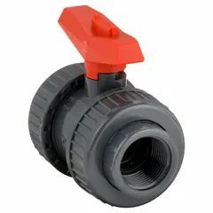 This manual two-way ball valve features a PVC body with full port design to minimize pressure drop. Straight configuration with female NPT threaded ends for easy installation. Tee handle provides clear visual indication of valve position. Suitable for on/off flow control in water treatment, chemical processing, and irrigation systems.