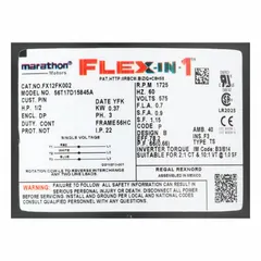 Open drip proof (ODP) 3-phase AC motor from the Flex-In-1 series. Delivers 1/2 hp at 1725 RPM with a full-load current of 0.70 A at 575V AC. Features a C-Face/Universal mount for use in pumps, fans, conveyors, and machine tools in clean, dry environments.