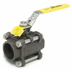 This SHARPE ball valve features a 1/2-inch carbon steel body with socket x socket ends and a three-piece design for easy maintenance. The straight pattern and polymer seat provide reliable on/off flow control. A locking lever handle secures the valve position, suitable for industrial piping systems.