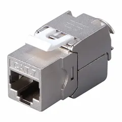 Tool-less shielded RJ45 jack for terminating Category 7 copper cabling. White color, compatible with copper wire. Suitable for high-speed data networks requiring EMI shielding. Pack of 10.
