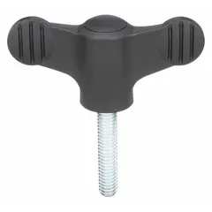 Wing-style knob with a threaded stud, featuring a 50 mm diameter plastic body and a steel thread insert. Thread size is 1/4"-20 with a 30 mm thread length. Used for manual clamping, adjustment, and positioning in jigs, fixtures, and machinery where tool-free hand tightening is required.