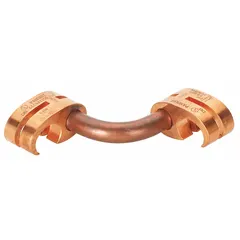 Copper cross connector for grounding systems, designed to bond two grounding wires (2 AWG SOL to 250 kcmil SOL) to #5 to #6 rebar. Suitable for direct burial applications in electrical grounding infrastructure. Connects to 1/2 in to 3/4 in rod.