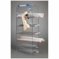 Benchtop pipette holder made of clear PETG for organizing serological pipettes and pipette aids. Overall height 24 5/8 in, length 11 in. Suitable for laboratory liquid handling workflows.
