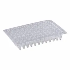 96-well PCR plate made of colorless polypropylene with round wells of 0.2 mL capacity and 7 mm diameter. RNase/DNase free for sensitive molecular biology applications. Suitable for use in standard thermal cyclers for DNA amplification, qPCR, genotyping, and sequencing.