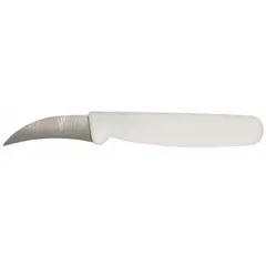 Straight-blade peeling knife with a 2 3/4 in overall length. Steel blade and white polypropylene handle. NSF certified for food-contact surfaces. Suitable for peeling and trimming fruits and vegetables in commercial kitchens and food service operations.