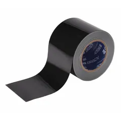 Solid black floor marking tape for marking aisles, hazard zones, and storage areas in industrial facilities. Polyester backing with 8 mil thickness. 4 in width by 100 ft length. No message legend.