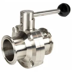 This butterfly valve features a 316L stainless steel body and disc with a lever handle and four stop positions. It has a maximum pressure rating of 140 psi (CWP) and an average surface roughness (Ra) of ≤ 32 micron. Designed for sanitary applications requiring 3-A certification, such as in food, dairy, beverage, and pharmaceutical processing lines.