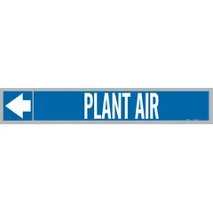 Blue adhesive pipe markers with white legend text reading 'Plant Air', designed to fit pipe outer diameters of 1-1/2 to 2 inches. Each roll contains 25 markers with directional arrows. Used for identifying plant air piping systems in industrial facilities.