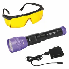 This UV leak detection kit is designed for use with R-1234yf and R-134a refrigerants. It includes protective glasses and is used to locate refrigerant leaks in automotive and industrial cooling systems.
