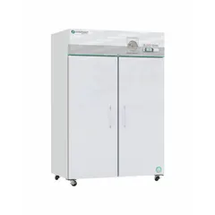 This upright blood bank refrigerator provides 49 cu ft of storage capacity with a temperature range of 1°C to 10°C, suitable for preserving blood and blood components. It features a white swing solid door that opens left or right, a temperature alarm, and uses R-600a refrigerant. Overall depth is 36 3/8 in.