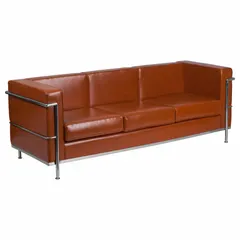 This sofa features gray faux leather upholstery over a metal frame. Seat width is 65 1/2 inches and seat depth is 21 1/4 inches. Suitable for seating in lounges, reception areas, and break rooms.