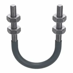 This cushioned U-bolt is designed to support and secure 2 1/2 in pipe in industrial piping systems. It features a 1/2"-13 thread size and a 3 3/4 in inside height. Constructed from steel with a plain finish, it is commonly used in HVAC, plumbing, and process piping applications to reduce vibration and noise.