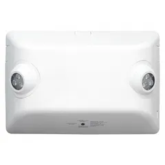 Surface-mount ceiling emergency light with adjustable LED lamp heads. Rated for damp locations, flame rated, and remote capable. Operates on 120 to 277V AC input, providing 3 W lamp wattage and 12 W emergency wattage. Complies with NFPA 70 and 101 standards.