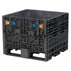 Rectangular collapsible plastic bulk container with solid walls and two drop doors. Features 4-way fork entry with fork pockets on the long side. Stacking capable for efficient vertical storage. Lid not included. Suitable for storing and transporting bulk materials in industrial and warehouse settings.