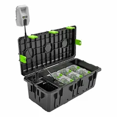 The EGO CHU6001 is a 6-port battery charger designed for rapid, simultaneous charging of up to six 56V DC batteries. It operates on 56V AC input and provides 56V DC output. Suitable for managing multiple batteries in outdoor power equipment applications.