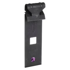 Steel purlin clamp with zinc-plated finish and black color. Measures 1 in overall length, width, and height. Rated for 16 lb load capacity. Flange mounting for vertical orientation. Designed for use with bolting straps. UL/CUL listed. Used to secure bolting straps to purlins in electrical and mechanical support systems.