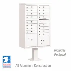 This horizontal multi-unit mailbox features 18 front-access doors and is designed for pedestal mounting. It provides secure, centralized mail distribution for residential or commercial complexes such as apartment buildings and condominiums. Dimensions: 62 in H x 30 1/2 in W x 18 in D.
