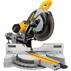 This 12 in corded sliding miter saw provides a maximum cut width of 13 3/4 inches at 0 degrees miter. It features a miter angle range of 60° to 50° with a 60° miter angle minimum. Suitable for crosscutting and mitering wood, trim, and molding in construction and woodworking applications.