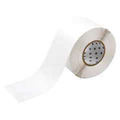 White gloss vinyl continuous label roll, 4 inches wide by 300 feet long, designed for thermal transfer printing. Rated for outdoor use. Compatible with the i5100 printer series. Suitable for industrial labeling applications such as asset identification, pipe marking, and cable labeling.