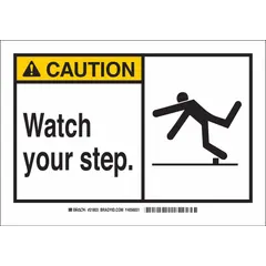 This caution sign alerts personnel to watch their step, helping prevent trips and falls. Made of polyester with adhesive mounting, it measures 3 1/2 x 5 inches and is not retroreflective. Suitable for indoor use on clean, dry surfaces in industrial facilities, warehouses, or commercial buildings.