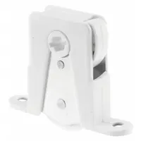 This roller assembly is a component for sliding screen doors, providing guidance and support for smooth operation. It is finished in white with an unfinished surface. Overall height is 6 13/32 inches, overall length is 1 31/32 inches, and it includes 1 pair (PR)