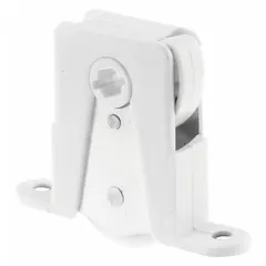 This roller assembly is a component for sliding screen doors, providing guidance and support for smooth operation. It is finished in white with an unfinished surface. Overall height is 6 13/32 inches, overall length is 1 31/32 inches, and it includes 1 pair (PR).