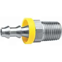 This 303 stainless steel push-on hose fitting features a 3/4 in hose barb by 1/2 in NPT male x male rigid straight connection. Designed for multipurpose air, water, and chemical applications, it provides a secure, leak-resistant joint in industrial fluid-handling systems.