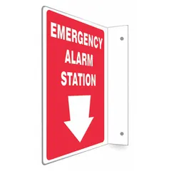 This L-shape projection sign is designed to mark emergency alarm stations in industrial facilities. It features mounting holes for secure installation and is made of PETG. The sign is non-retroreflective and does not glow in the dark.
