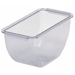 This condiment tray insert is made of high-impact plastic in blue. It has a 1.5 pt capacity, overall height of 2 3/4 inches, and overall width of 4 1/8 inches. NSF Certified. Suitable for use in condiment bars to hold and dispense sauces, dressings, or toppings.