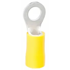Yellow vinyl-insulated ring terminal rated for 600 V. Accommodates #10/#8 stud sizes and is designed for use with copper wire. The vinyl insulation provides abrasion resistance and dielectric protection. Used to create secure, permanent electrical connections by crimping onto a wire and fastening to a stud or screw.