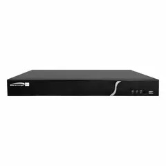 Hybrid video recorder supporting up to 16 analog camera inputs. Features H.265 video compression, VGA video output, 10 mbps/100 mbps network interface, and video export via USB flash drive. Includes rack ears for mounting. Suitable for surveillance systems combining analog and IP cameras in commercial or industrial environments.