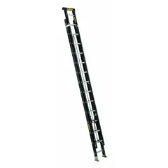 Two-section fiberglass extension ladder with fixed fly, rated for 300 lb load capacity. Non-conductive construction suitable for overhead work near electrical hazards. Black finish, 60 lb weight.