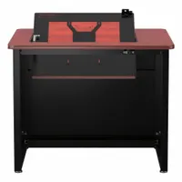 This VERSADESK computer desk features a cherry metal desktop and a black steel frame, measuring 36 inches wide by 29 inches high. It includes a modesty panel and is supplied as a kit. Suitable for office or home workstation use, accommodating standard monitor setups