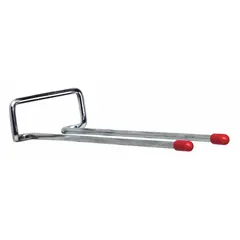 Double rod hook for louvered panels and racks. Overall length 10 inches, load capacity 10 lb. Gray finish. Use to hang tools, hoses, or cords in workshops, garages, and industrial storage areas.