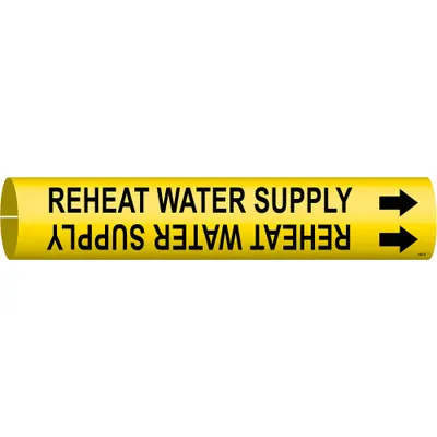 BRADY Pipe Marker: Reheat Water Supply, Yellow, Black, Fits 1 1/2 to 2 3/8 in Pipe O.D. - Reheat Water Supply Snap-On Pipe Markers