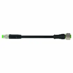 This cordset features an M8 male straight to M12 female straight configuration with a 5-meter PVC cable in black. It is rated IP67 for protection against dust and water ingress, and uses 24 AWG wire. Suitable for sensor and actuator connections in industrial automation and material handling.