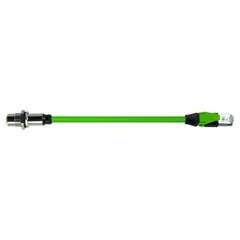 M12 male straight to RJ45 female straight cordset, 1.5 m length, green PUR jacket, X-coded, Cat6 performance, IP20. Used for industrial Ethernet connections in automation and data networks.