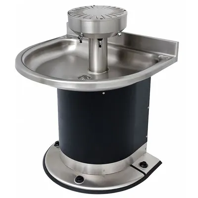 ACORN Wash Fountain: Black/Silver, Stainless Steel, Semi-Circular, 32 in Overall Wd - Foot-Operated Push Button Wash Fountains