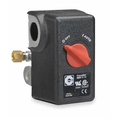 Diaphragm-actuated pressure switch with a range of 20 psi to 105 psi and an ON/OFF differential of 60 psi/80 psi. Features four 1/4" FNPT connections and Auto/Off operation. Suitable for controlling pumps and compressors in air and water systems.