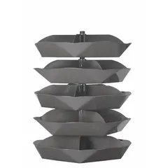 This revolving storage bin from DURHAM MFG features scoop-bottom shelves for easy access to stored items. It includes 5 levels with 5 bins per level and comes with hardware for assembly. Commonly used in industrial workshops and warehouses for organizing small parts and components.
