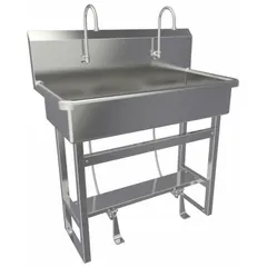 Two-station freestanding wash station with faucets, constructed from 16-gauge material. Bowl length 37 inches, depth 8 inches, overall height 45 inches. Flow rate 0.5 gpm. Side splash not included. Suitable for hand-washing in industrial and commercial settings.