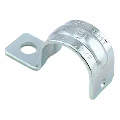 This one-hole conduit and pipe strap clamp is designed for 3/4 in trade size EMT. Made of steel with a zinc-plated gray finish, it provides a secure mounting point for electrical metallic tubing to walls, ceilings, or structural supports in electrical installations.